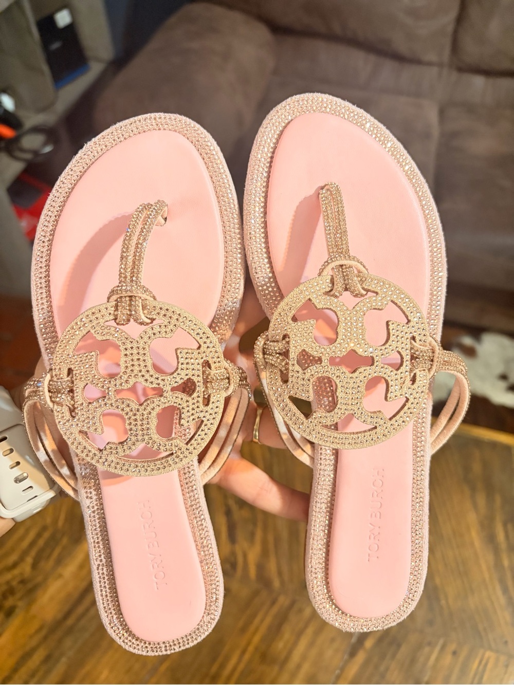 Tory Burch Pink and Gold Miller Logo Sandals - Picture 2 of 2